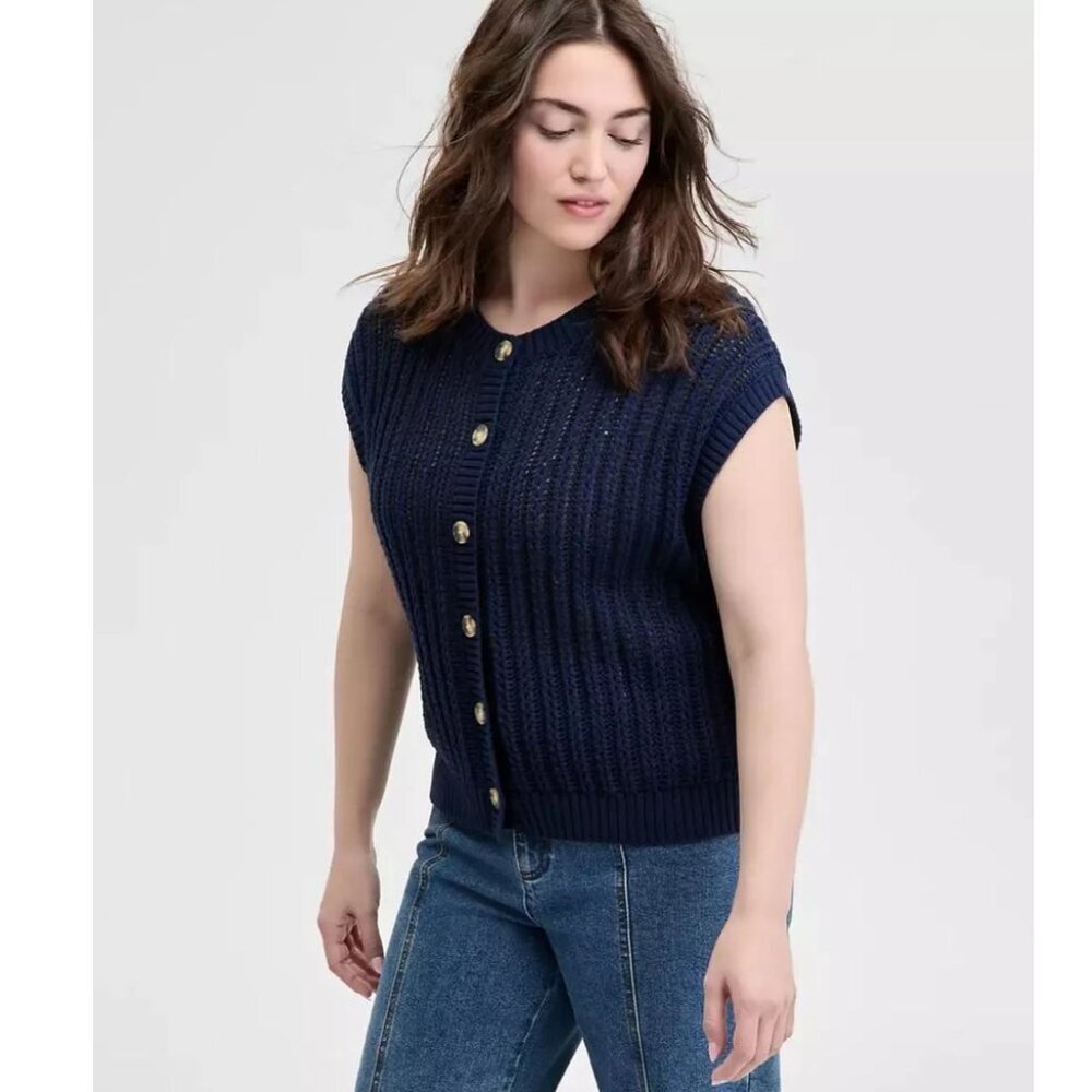And Now This Navy Button Up‎ Open Front Knit Sweater Boxy XL Minimalist Preppy